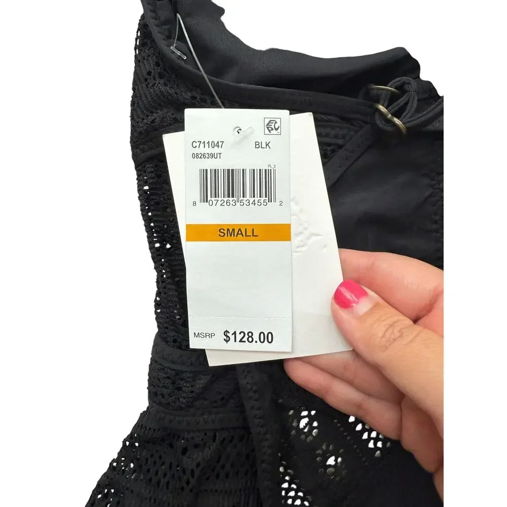 Becca Women's Black Play Crochet Plunge-Neck One-Piece Swimsuit Size L